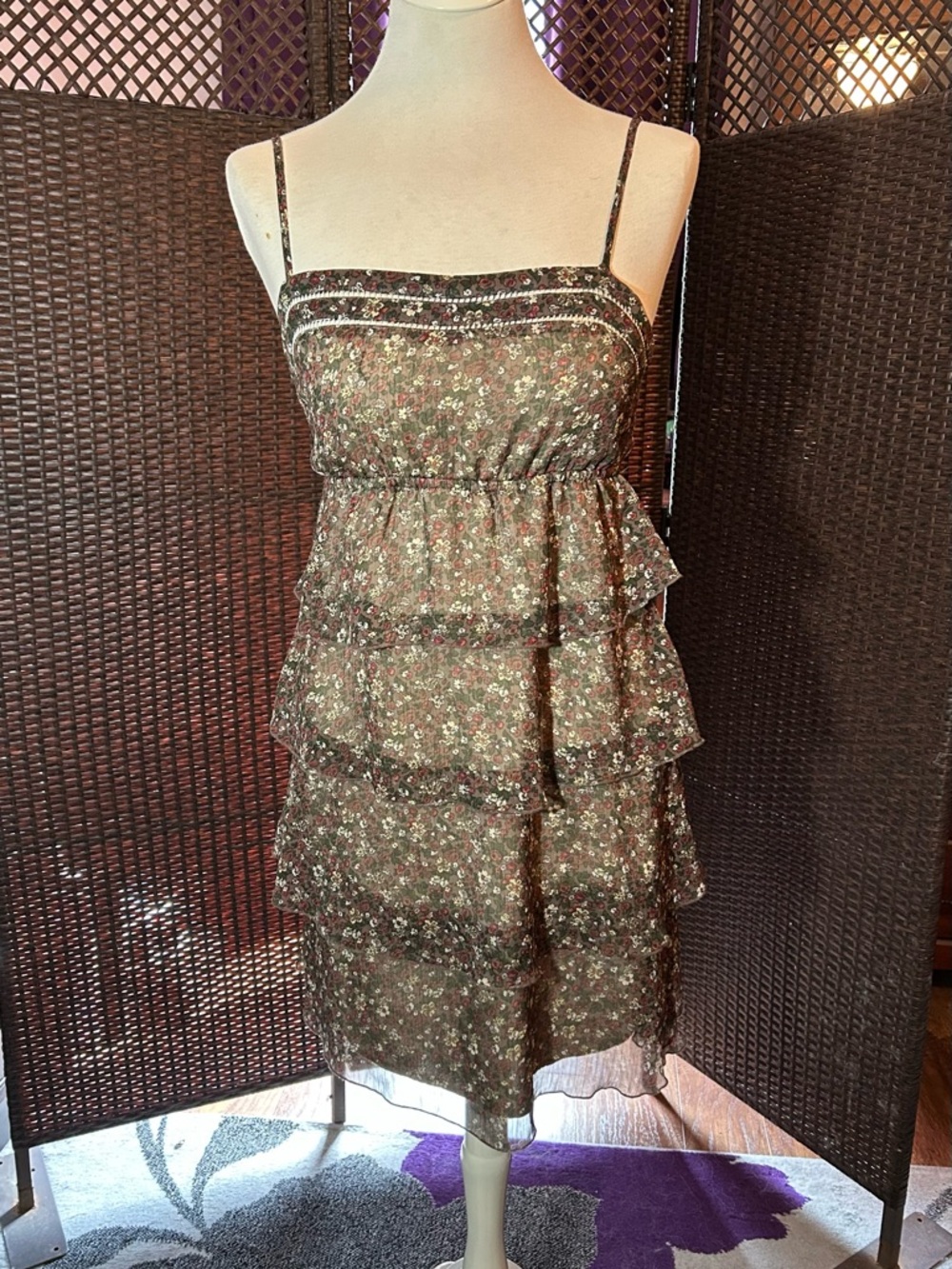 Maurices Light Brown Floral Tiered Spaghetti-Strap Mini Dress